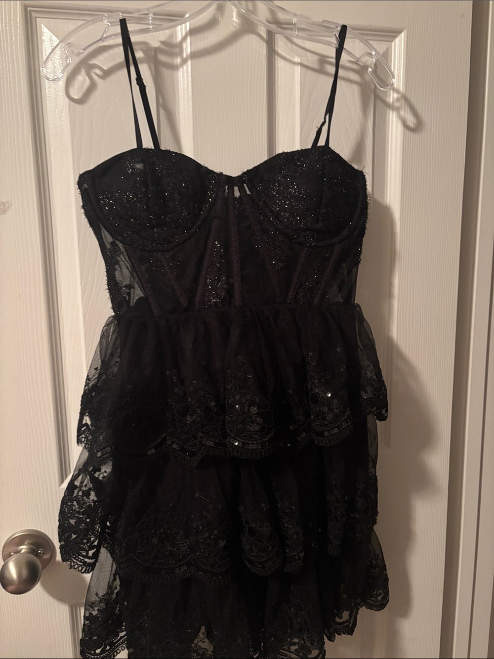Lulu's Black Lace Sequin Tiered Mini Dress